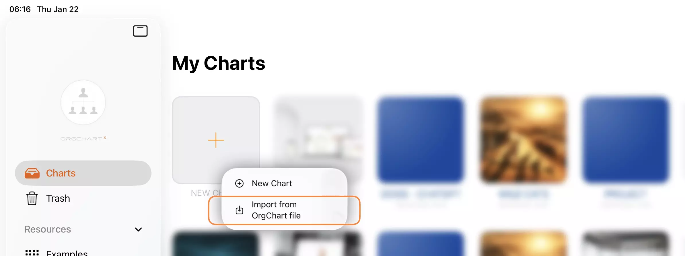 iOS での従来の組織図ファイルのインポート